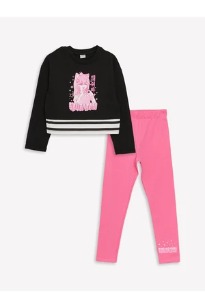 LC Waikiki Girl's T-Shirt and Leggings with a Crew Neck Printed and Long Sleeved