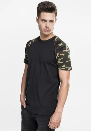 Raglan tričko s kontrastnými čiernymi/woodcamo rukávmi