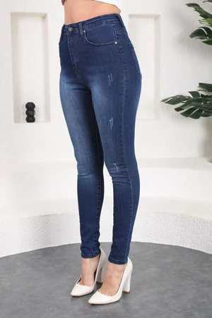 BİKELİFE Navy Blue Nail Detail High Waist Lycra Denim Trousers.