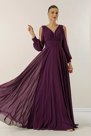 By Saygı Front Back V-Neck Draped Long Sleeves Tulle Lined Wide Body Split Long Chiffon Dress.