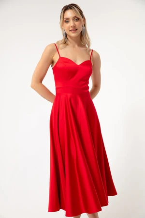 Lafaba Women's Red Thin Straps Midi Satin Evening Dress.