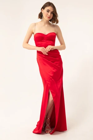 Lafaba Women's Red with Stones Straps and a Slit Long Satin Evening Dress.