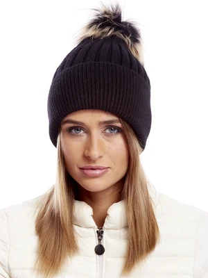 Black striped hat with fur pompom