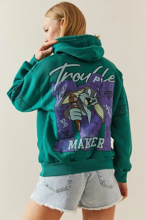 XHAN Green Raised & Back Printed Hooded Sweatshirt