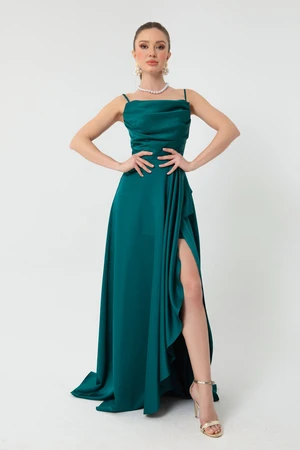 Lafaba Women's Green Ruffles and Slit Satin Evening & Prom Dress