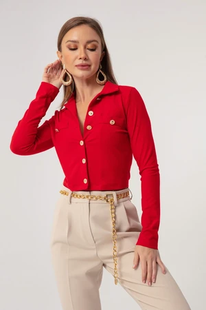 Lafaba Women's Red Buttons Short Knitted Blouse