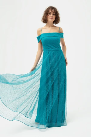 Lafaba Women's Turquoise Boat Neck Silvery Long Evening Dress