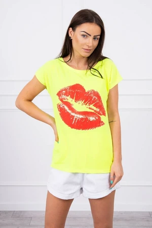 Lip print blouse yellow neon+red