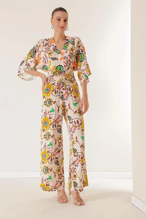 By Saygı Elastic Waist, Pocket Palazzo Pants Front Back V-Neck Crop Floral Double Suit