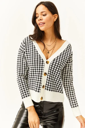 Olalook Women's Ecru Houndstooth Buttoned Knitwear Cardigan