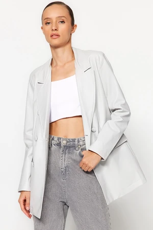 Trendyol Gray Faux Leather Regular Lined Double Breasted Closure Woven Blazer Jacket