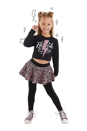 Mushi Rock Life Girl Kid's Black Crop-top T-shirt, Zebra Patterned Leggings Set.