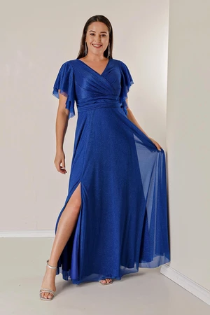 By Saygı Double Breasted Neck Front Draped Lined Plus Size Long Silvery Dress with Flounce Slit on the Sleeves