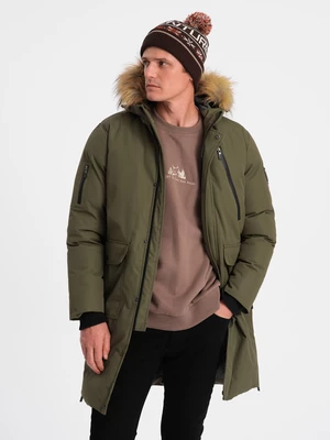 Ombre Alaskan men's winter jacket with detachable fur from the hood - dark olive green