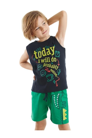 Denokids Today Boys' Navy Blue Sleeveless T-shirt with Green Shorts Summer Suit.