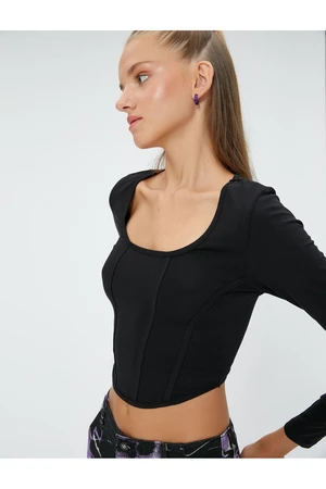 Koton Long Sleeved T-Shirt, Slim Fit U-neck, Corset-Looking