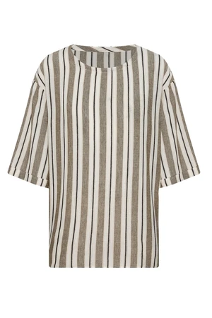 XHAN Khaki Wide Collar Striped Oversized Linen T-shirt