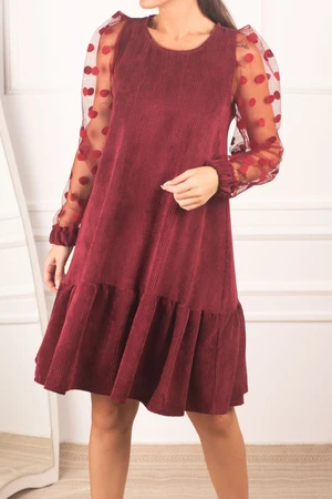 armonika Women's Burgundy Sleeve Tulle Six Frilly Velvet Dress