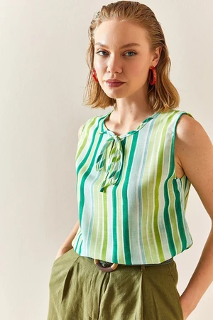 XHAN Green Striped Strapless Blouse