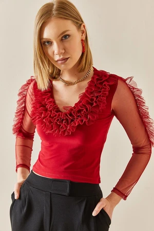 XHAN Claret Red V-Neck Tutu Detailed Blouse