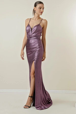 By Saygı Rope Straps Draped With Lace-Up Back, Lined, Glittery Long Dress with a Slit in the Front.