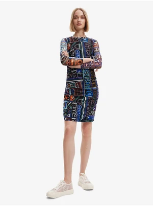 Blue and Black Women Patterned Sheath Mini Dress Desigual Lettering - Women