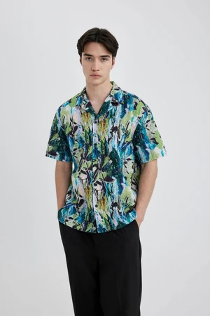 DEFACTO Oversize Fit Open Collar Patterned Cotton Short Sleeve Shirt