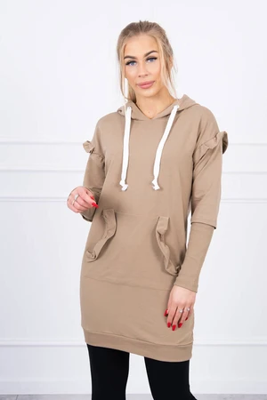 Dress with decorative ruffles and camel hood