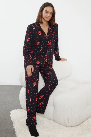 Trendyol Black-Multicolored Heart-shaped New Year's Themed Piping Detailed Woven Pajama Set