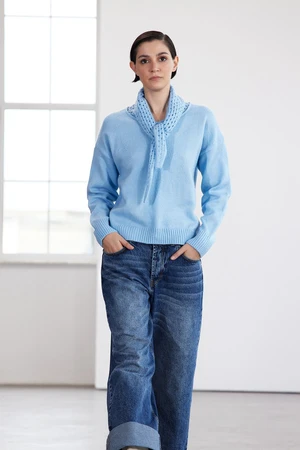 Trendyol Limited Edition Light Blue Wide Pattern Soft Texture Openwork/Hole Knitwear Sweater