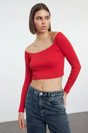 Trendyol Red Fitted Super Crop Carmen Collar Ribbed Stretch Knitted Blouse