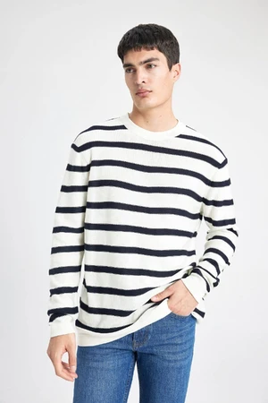 DEFACTO Men's Standard Fit Regular Cut Crew Neck Knitwear Striped Sweater