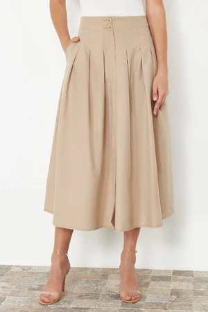 Trendyol Beige Pleated Detailed Front Buttoned Midi Length Woven Skirt