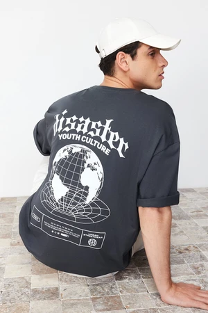 Trendyol Anthracite Oversize/Wide Cut Puffy Text Printed 100% T-Shirt