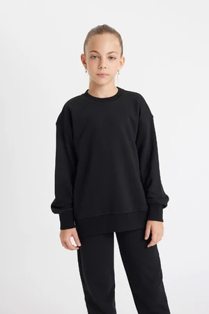 DEFACTO Girl Relax Fit Crew Neck Black Basic School Sweatshirt