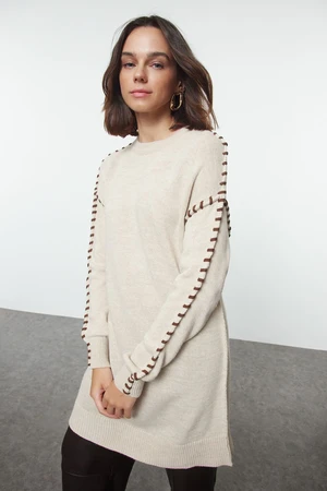 Trendyol Stone Camel Stitch Detailed Knitwear Sweater