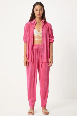 Happiness İstanbul Women's Pink Stylish Buttoned Pleated Shirt and Trousers Suit