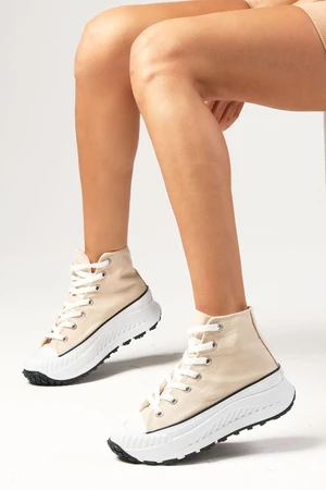 Mio Gusto Bendis Women's Beige Color Linen Thick Soled High Ankle Casual Women's Sneaker Shoes.