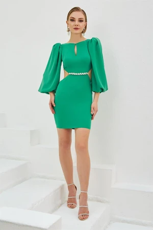 Carmen Green Crepe Stone Balloon Sleeve Short Evening Dress