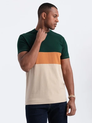 Ombre Men's tricolor T-shirt with wide stripes - dark green