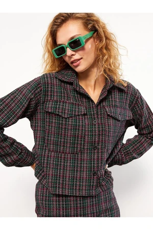 LC Waikiki Front Button Closure Plaid Long Sleeve Women's Tweed Shirt Jacket