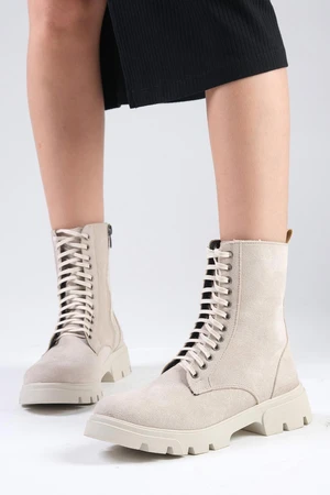 Mio Gusto Alvina Beige Suede Laced and Zippered Thick Soled Women's Combat Boots