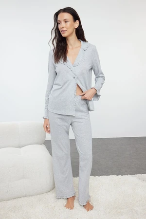 Trendyol Grey Melange Ruffle Detailed Knitted Pajama Set