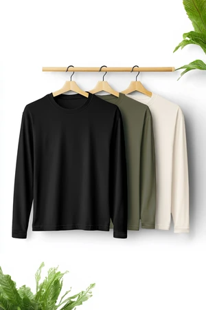 Trendyol Black-Khaki-Stone Plus Size Slim/Slim Cut Crew Neck 3-PackBasic T-shirt