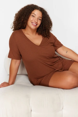 Trendyol Curve Brown V Neck Camisole Knitted Pajamas Set