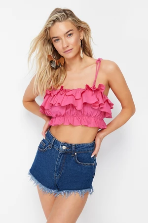 Trendyol Fuchsia Crop Woven Ruffle 100% Cotton Blouse