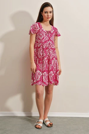 Bigdart 2352 Ethnic Patterned V-Neck Short Dress - Fuchsia