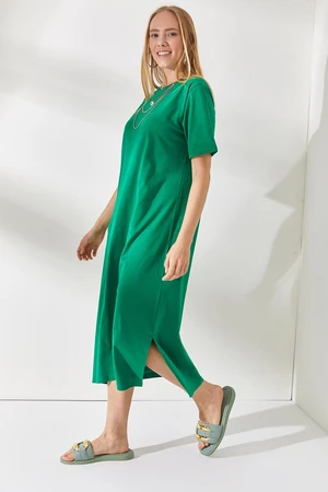 Olalook Women's Grass Green Side Slit Oversize Cotton Dress