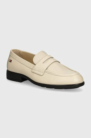 Kožené mokasíny Tommy Hilfiger FLAG LEATHER CLASSIC LOAFER dámské, béžová barva, na plochém podpatku, FW0FW08030