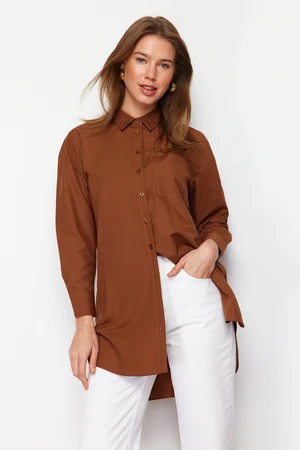 Trendyol Dark Brown Pocket and Slit Detail Woven Shirt